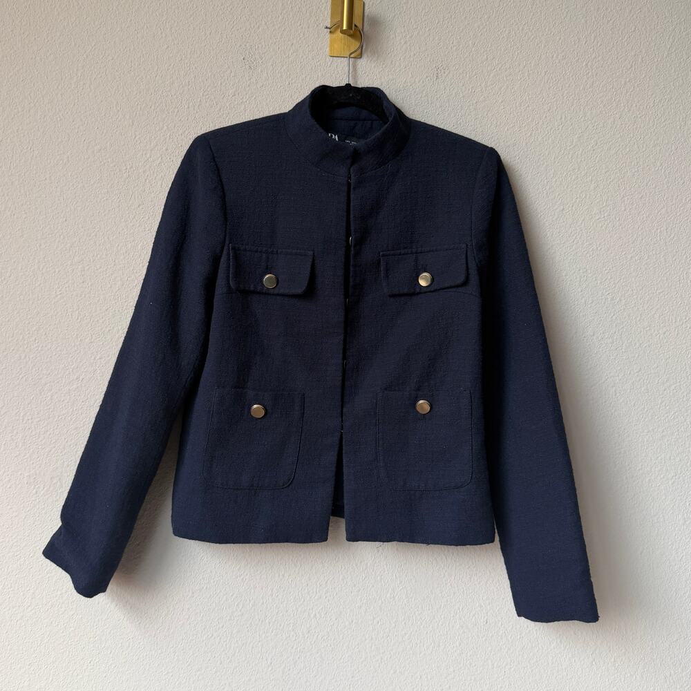 Zara Navy Cotton Textured High Collar Blazer Jacket Size S - Picture 3 of 5